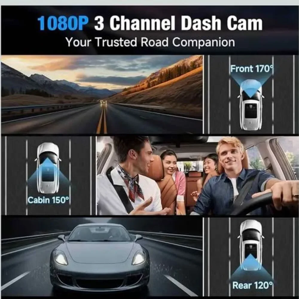 Tuisau 3-Channel 4K Dash Cam – Front + Inside + Rear | 5GHz WiFi